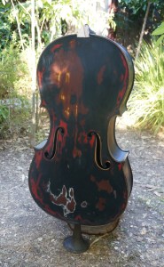Photo of a charred cello at Dumfuxx photo shoot.