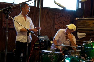 Photo of producer Dennis Herring and David Lovering of The Pixies.