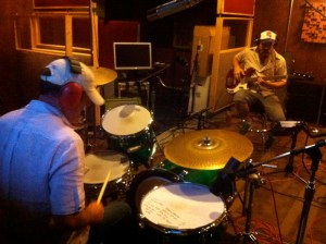 photo of David Lovering of The Pixies and Dylan Howe playing drums and bass at Little Box Studios for the Dumfuxx score to "Asphalt Serenade"