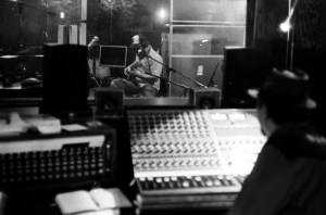 Black and white photo of James Slay of Dumfuxx and Dylan Howe at Little Box Studios.