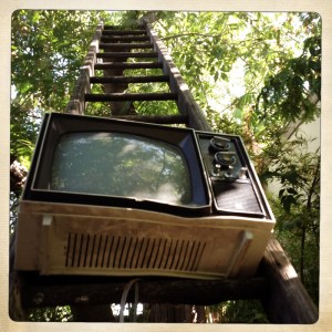 Photo of an old TV and a ladder for a Dumfuxx photo shoot.
