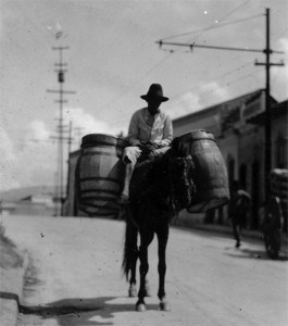 Old photo of a man on a mule with barrels.